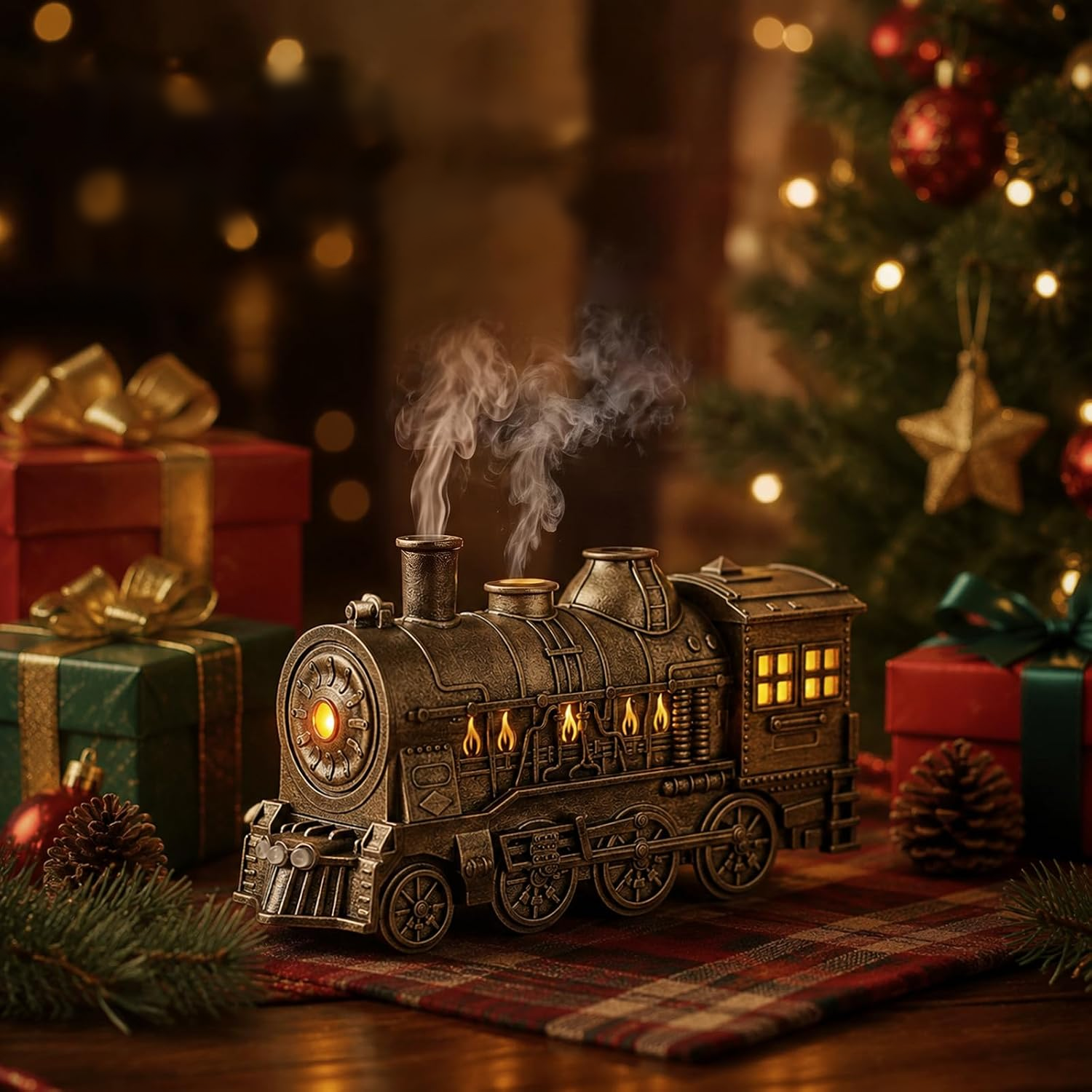 A decorative vintage-style steam locomotive figurine or candle holder sits on a plaid runner in a holiday setting, surrounded by Christmas trees, ornaments, pinecones, and wrapped gifts.